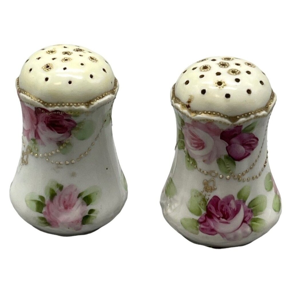 vintage shabby chic Victorian salt & paper shaker white pink embossed rose READ